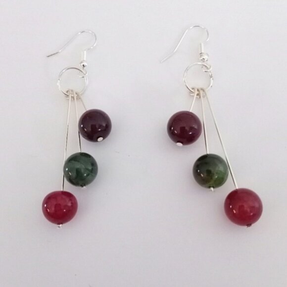 Pink green watermelon agate beaded drop dangle earrings new handmade - Picture 2 of 5